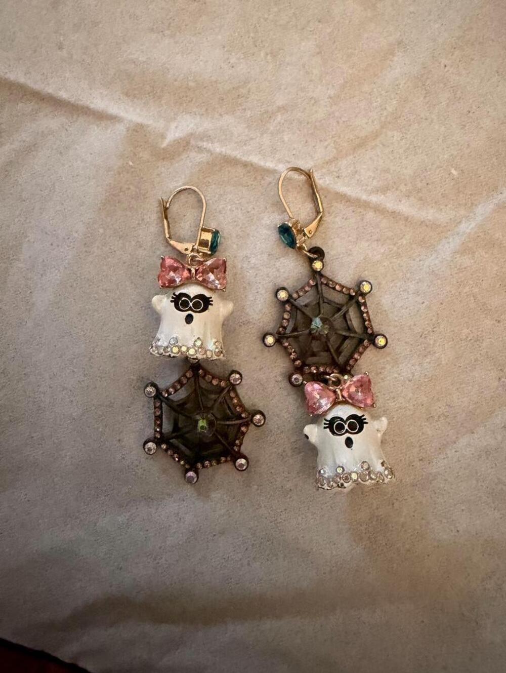 Betsey Johnson Halloween Ghost and Spiderweb Rhinestone Earrings - Multi Color